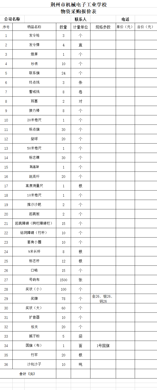 荆州市机械电子工业学校2023年春季运动会比赛器材采购公告