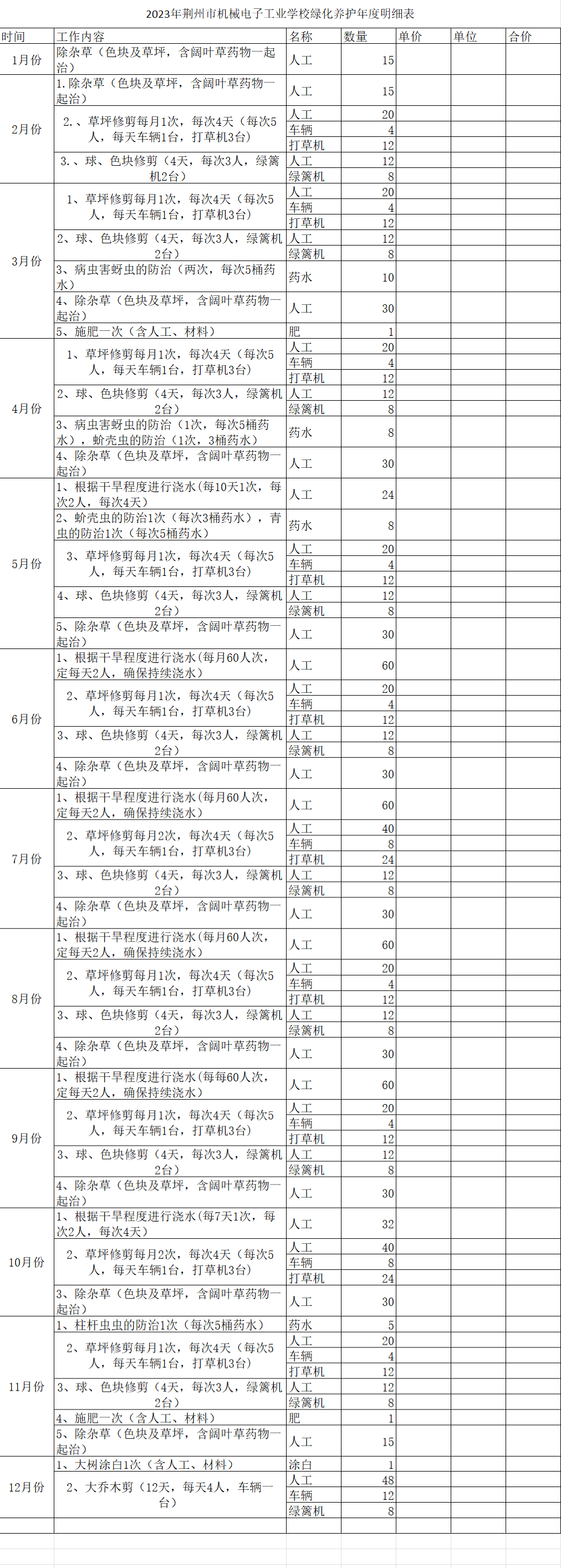 荆州市机械电子工业学校2023年校园绿化养护服务的询价公告
