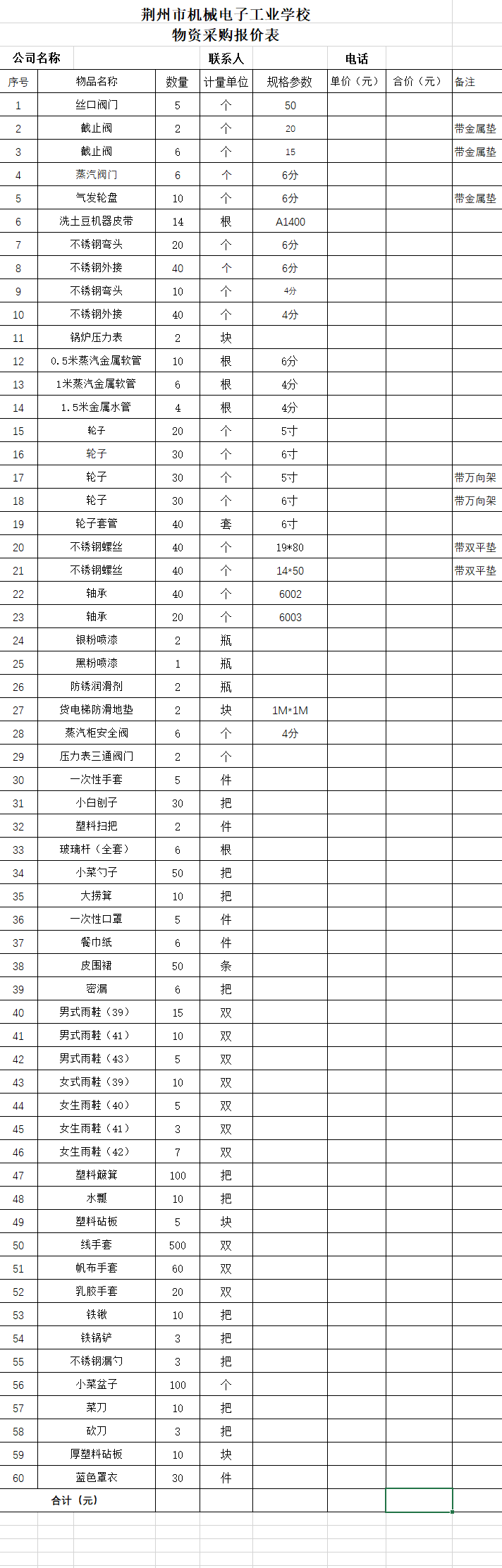 荆州市机械电子工业学校2023年上学期食堂耗材采购公告