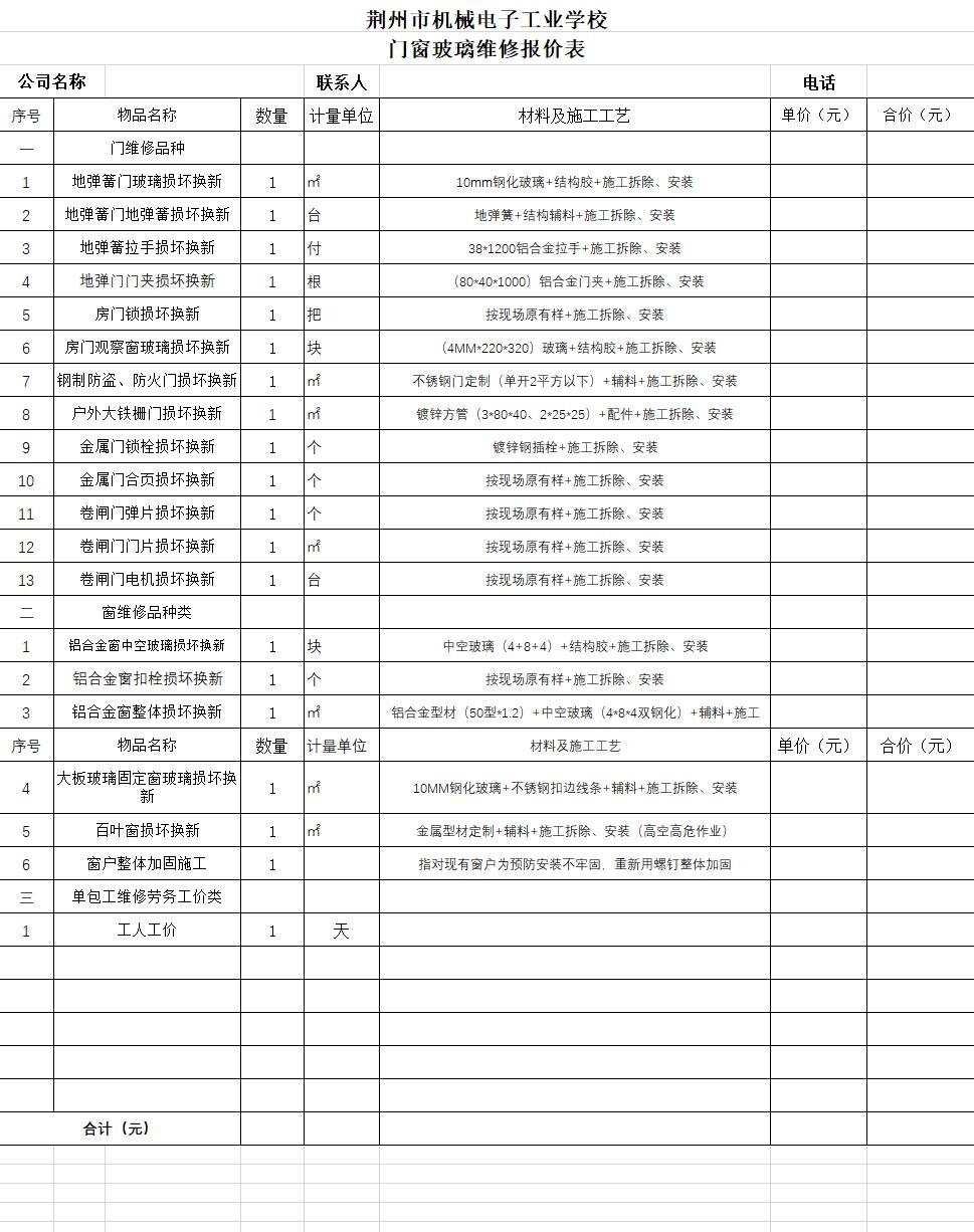荆州市机械电子工业学校门窗采购结果公告